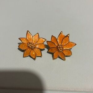 Vintage Avon Poinsettia Flower Gold Tone Yellow Enamel Glitter Pierced Earrings
